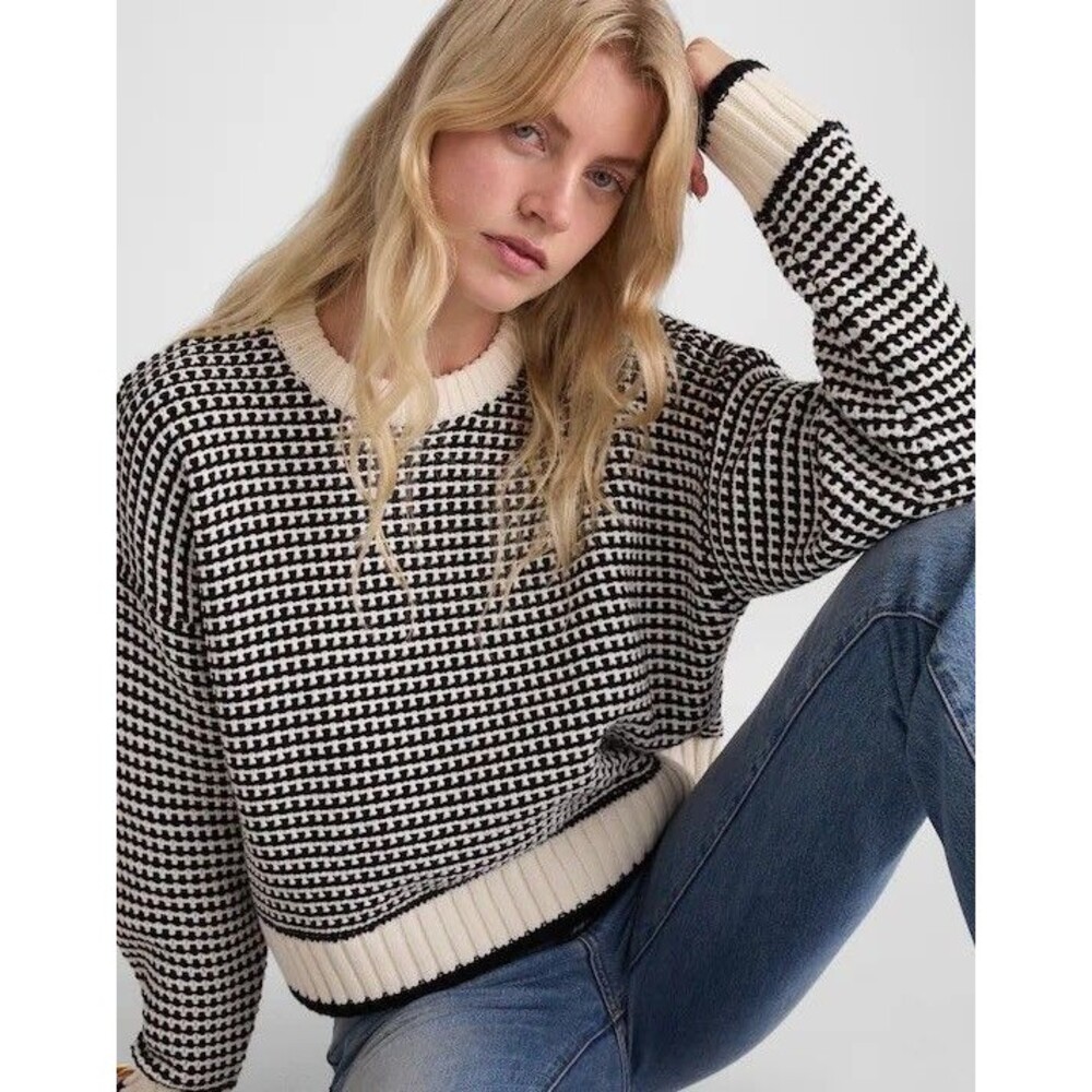 MADEWELL Textured-Stitch Crew Sweater XS Ivory Black Stripe Cotton Relax NWT B19
